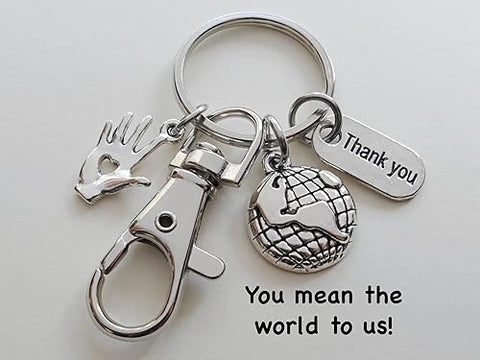 Hand with Heart Charm Keychain with World Globe, Thank You Charm, and Swivel Clasp; School or Preschool Teacher Appreciation, Volunteer, Therapist, or Social Worker Keychain