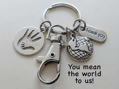 Little Hand in Hand Charm Keychain with World Globe, Thank You Charm, and Swivel Clasp; School or Preschool Teacher Appreciation, Volunteer, Pediatrician, Therapist, Social Worker, or Other Child Advocate