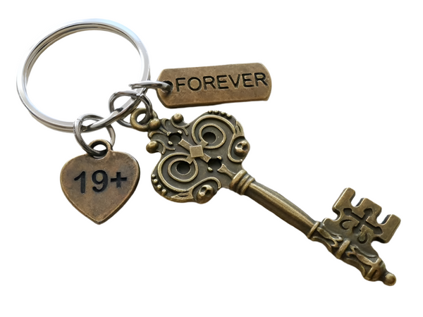 Bronze Key Charm Keychain with Forever Tag Charm & "19+" Engraved Heart Charm, For Couples, 19 Year Anniversary Keychain