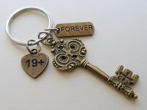 Bronze Key Charm Keychain with Forever Tag Charm & "19+" Engraved Heart Charm, For Couples, 19 Year Anniversary Keychain
