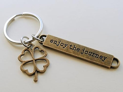 Bronze Clover Charm Keychain with Enjoy the Journey Charm, Good Luck Charm Keychain