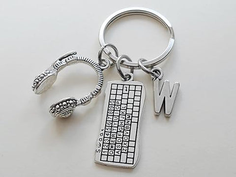 Custom Keyboard & Head Set Charm Keychain with Letter Charm; Call Center Employee Thank You Keychain, Staff, Team Appreciation Keychain