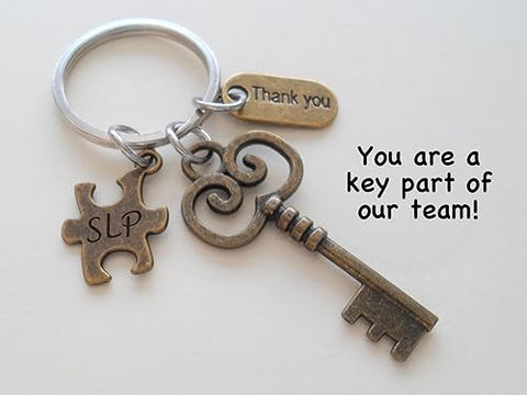 Speech Therapist, Speech Language Pathologist Appreciation Keychain with Bronze Key, SLP Puzzle, and Thank You Charm