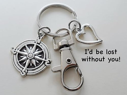 Compass Charm Keychain with Heart Charm & Swivel Clasp - I'd Be Lost Without You; Couples Keychain