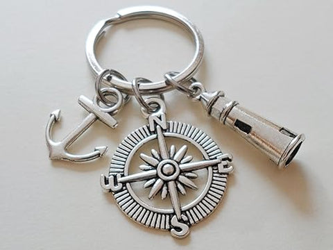 Compass Charm Keychain with Anchor Charm & Lighthouse Charm - I'd Be Lost Without You; Couples Keychain