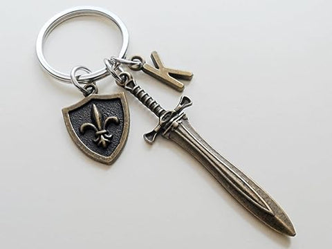 Custom Bronze Sword & Shield Charm Keychain with Letter Charm, Knight Keychain, Warrior Keychain, Fantasy Keychain