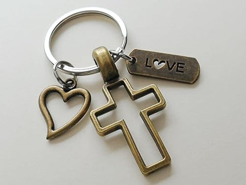 Bronze Cross Charm Keychain with Heart Charm & Word Tag Charm, Religious Keychain (Love Tag)