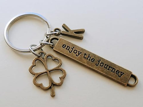 Custom Clover Charm Keychain with Enjoy the Journey Charm & Letter Charm, Good Luck Charm Keychain
