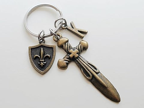 Custom Bronze Sword & Shield Charm Keychain with Letter Charm; Knight, Warrior, Fantasy Keychain