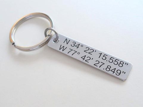 Custom Engraved Coordinates Small Stainless Steel Keychain Tag, Anniversary Gift Keychain