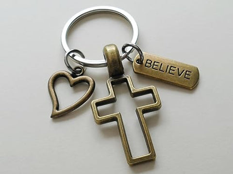 Bronze Cross Charm Keychain with Heart Charm & Word Tag Charm, Religious Keychain (Believe Tag)