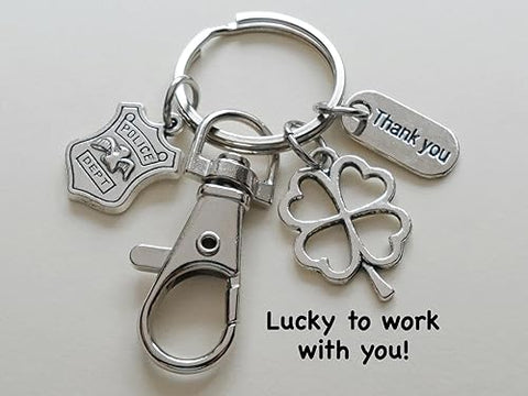 Police Officer Appreciation Keychain, Police Badge Charm Keychain, Clover Charm, Thank You Charm & Clasp, School or Community Security Guard Thank You Keychain