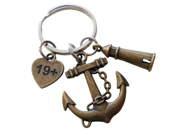 Large Bronze Anchor Charm Keychain with Lighthouse Charm & Heart Tag Engraved with "19+"; Couples 8 Year Anniversary Keychain