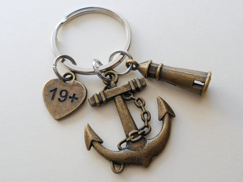 Large Bronze Anchor Charm Keychain with Lighthouse Charm & Heart Tag Engraved with "19+"; Couples 8 Year Anniversary Keychain