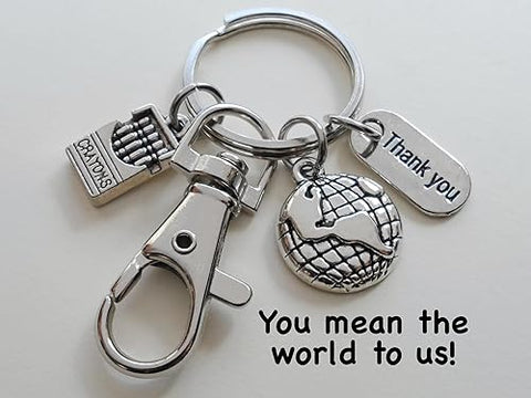 World Globe Charm Keychain with Crayons Charm, Thank You Charm, and Swivel Clasp; School or Preschool Teacher & Volunteer Appreciation Keychain