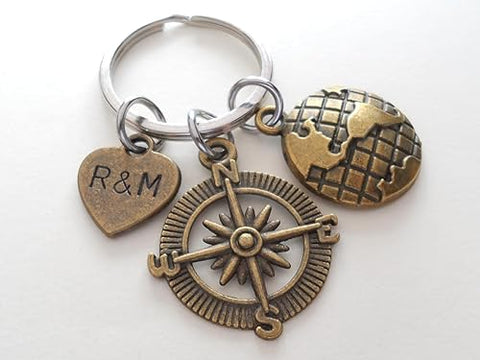 Custom Bronze Compass & Globe Charm Keychain with Personalized Tag for Couples or Best Friends Initials, Anniversary Keychain