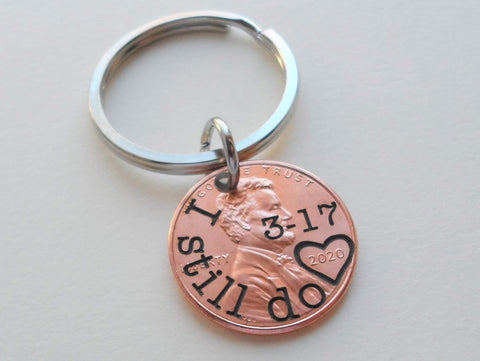 Custom Engraved Penny Keychain, Personalized Keychain, Lucky Penny Keychain, Anniversary Penny Key Chain (Rounded Text and Date Above Heart)