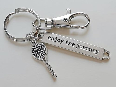 Tennis Charm Keychain with Tennis Racquet Charm, Enjoy the Journey Charm & Swivel Clasp; Tennis Player or Coach Keychain