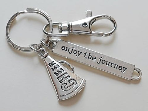 Cheerleader Charm Keychain with Cheer Megaphone Charm, Enjoy the Journey Charm & Swivel Clasp, Cheerleading School Team Keychain, Cheer Team Keychain