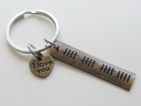 Bronze I Love You Heart Charm Keychain with 19 Tally Marks Engraved Tag, For Couples 19 Year Anniversary