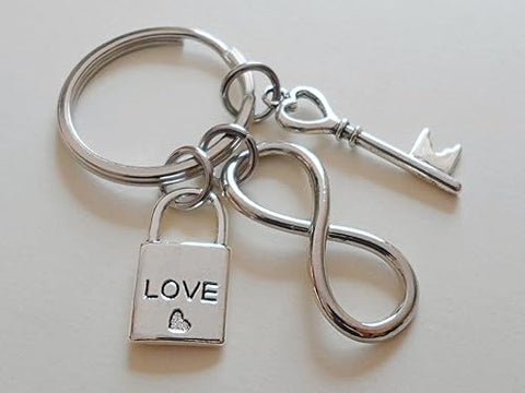 Infinity Charm Keychain with Key & Love Lock Charm; Couples Keychain