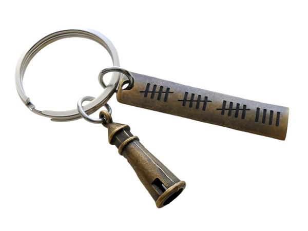 Bronze Lighthouse Charm Keychain with 19 Tally Marks Engraved Rectangle Tag; Couples 19 Year Anniversary Keychain
