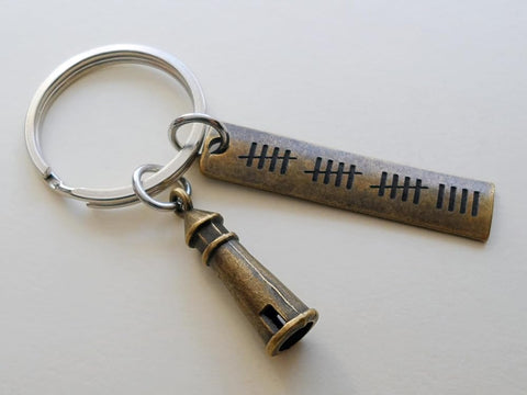 Bronze Lighthouse Charm Keychain with 19 Tally Marks Engraved Rectangle Tag; Couples 19 Year Anniversary Keychain