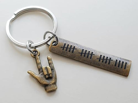 Bronze ASL I Love You Hand Charm Keychain with 19 Tally Marks Engraved Tag, For Couples 19 Year Anniversary