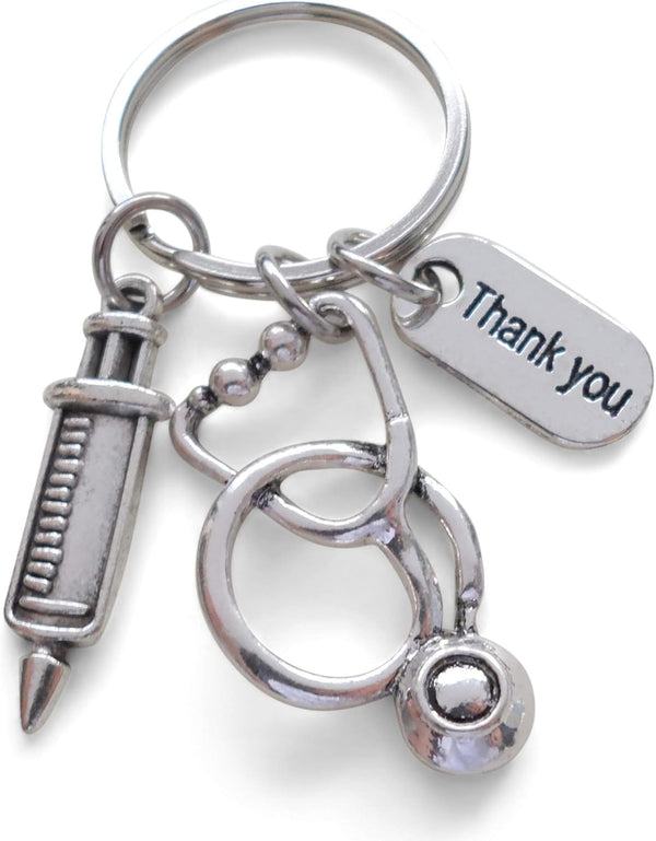 Employee Appreciation Gifts • Nurse Keychain w/ Stethoscope, Shot, & "Thank You" Tag by JewelryEveryday w/ "Nurses Make It Better" Card
