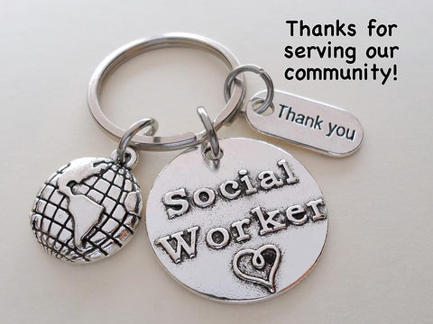 Social Worker Gift Keychain with World Globe and Thank You Charm, Community Advocate Gift, Thank you Gift