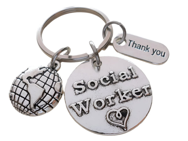 Social Worker Gift Keychain with World Globe and Thank You Charm, Community Advocate Gift, Thank you Gift