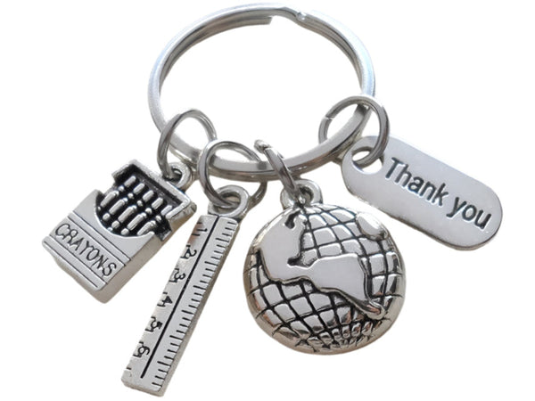 Teacher Appreciation Keychain with World Globe Charm, Crayons, Ruler & Thank You Charm, Card with- You Mean the World to Us