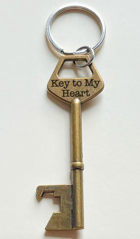Bronze Key Charm Bottle Opener Keychain with Custom Engraving; Couples Anniversary Keychain