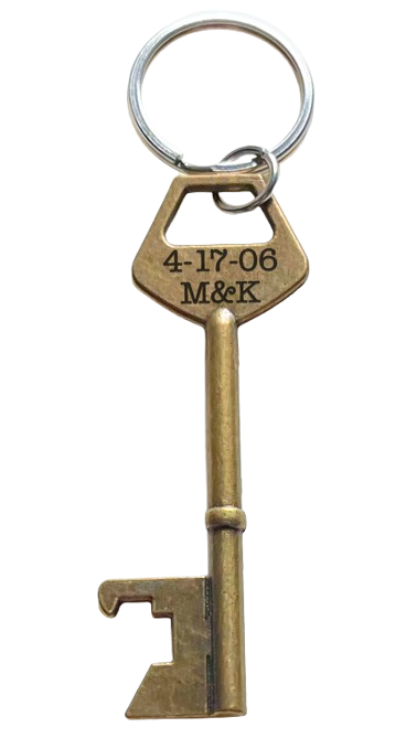 Bronze Key Charm Bottle Opener Keychain with Custom Engraving; Couples Anniversary Keychain