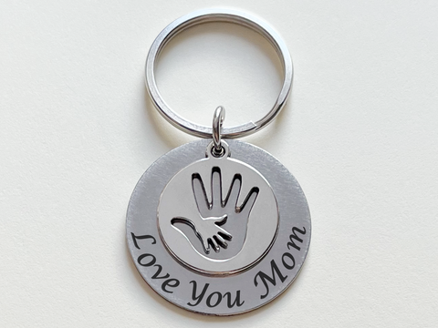 Custom Engraved Steel Disc Keychain with Hand in Hand Circle Charm; Gift for Mother's or Caretakers