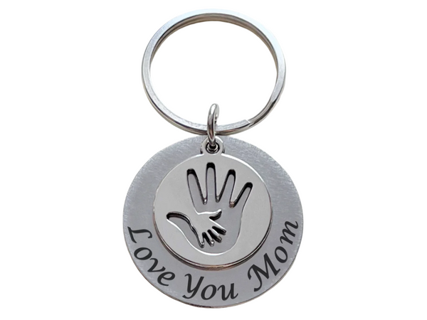 Custom Engraved Steel Disc Keychain with Hand in Hand Circle Charm; Gift for Mother's or Caretakers