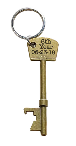 Bronze Key Charm Bottle Opener Keychain with Custom Engraving; Couples Anniversary Keychain