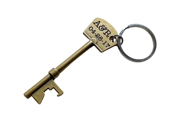 Bronze Key Charm Bottle Opener Keychain with Custom Engraving; Couples Anniversary Keychain