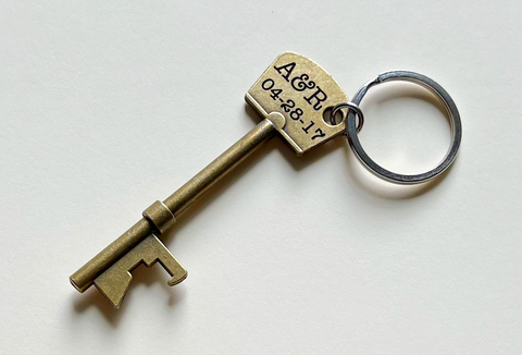 Bronze Key Charm Bottle Opener Keychain with Custom Engraving; Couples Anniversary Keychain