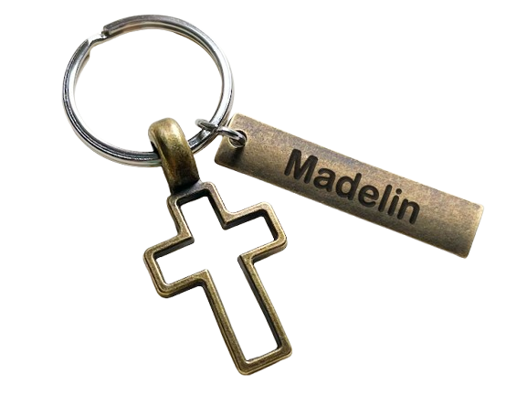 Custom Engraved Bronze Tag Keychain with Bronze Cross Charm, Religious Keychain