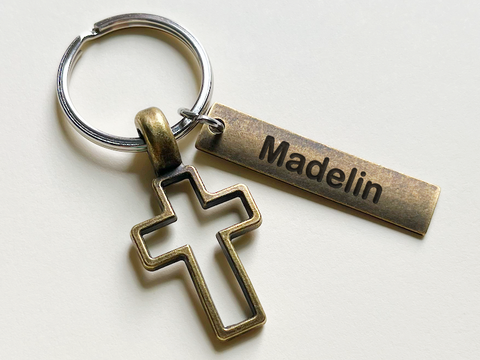Custom Engraved Bronze Tag Keychain with Bronze Cross Charm, Religious Keychain