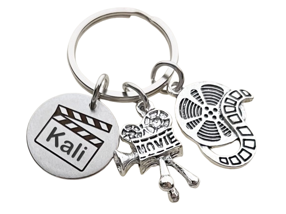 Personalized Movie & Film Keychain with Reel Charm, Movie Camera Charm and Steel Disc Engraved with Clapboard & Custom Text, Gift for Videographer, Producer or Actor