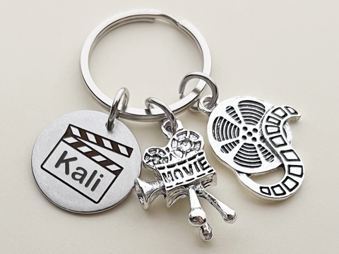 Personalized Movie & Film Keychain with Reel Charm, Movie Camera Charm and Steel Disc Engraved with Clapboard & Custom Text, Gift for Videographer, Producer or Actor