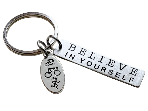 Believe in Yourself Triathlon Keychain, Swim, Bike, Run Charm Keychain, Fitness Encouragement Keychain