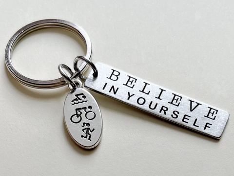 Believe in Yourself Triathlon Keychain, Swim, Bike, Run Charm Keychain, Fitness Encouragement Keychain