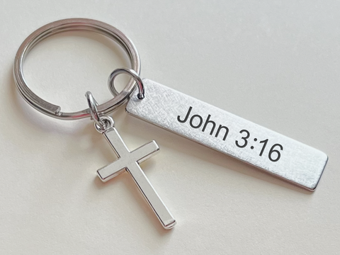 Custom Engraved Tag Keychain with Cross Charm, Religious Keychain