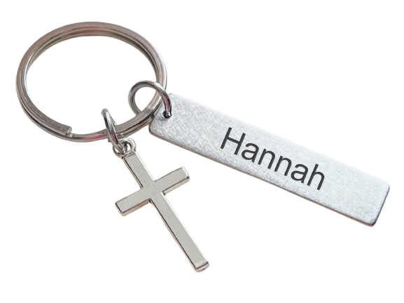 Custom Engraved Tag Keychain with Cross Charm, Religious Keychain