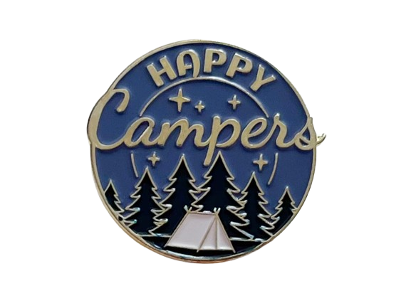 Camping Pin with Pine Trees, Tent, and Blue Night Sky Scene with Saying "Happy Campers"