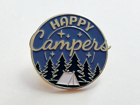 Camping Pin with Pine Trees, Tent, and Blue Night Sky Scene with Saying "Happy Campers"