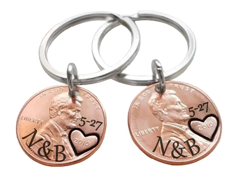 Personalized Set of 2 Penny Keychains Custom Engraved with Heart Around The Year and Selected Font